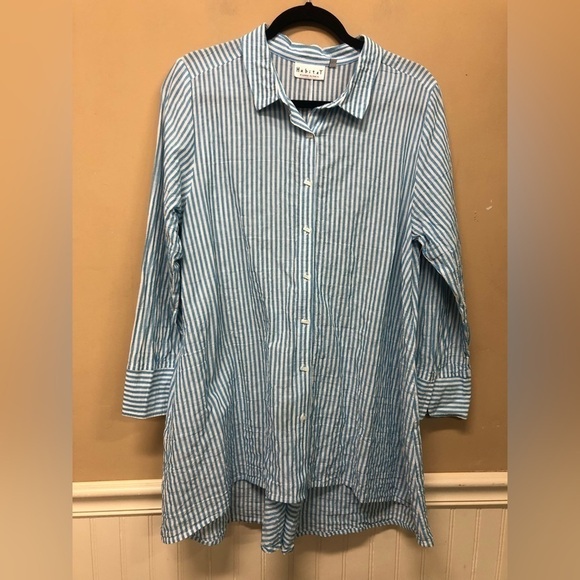 Habitat Blue White Seersucker Button Front Tunic Shirt Top Blouse Size Small - Picture 1 of 8